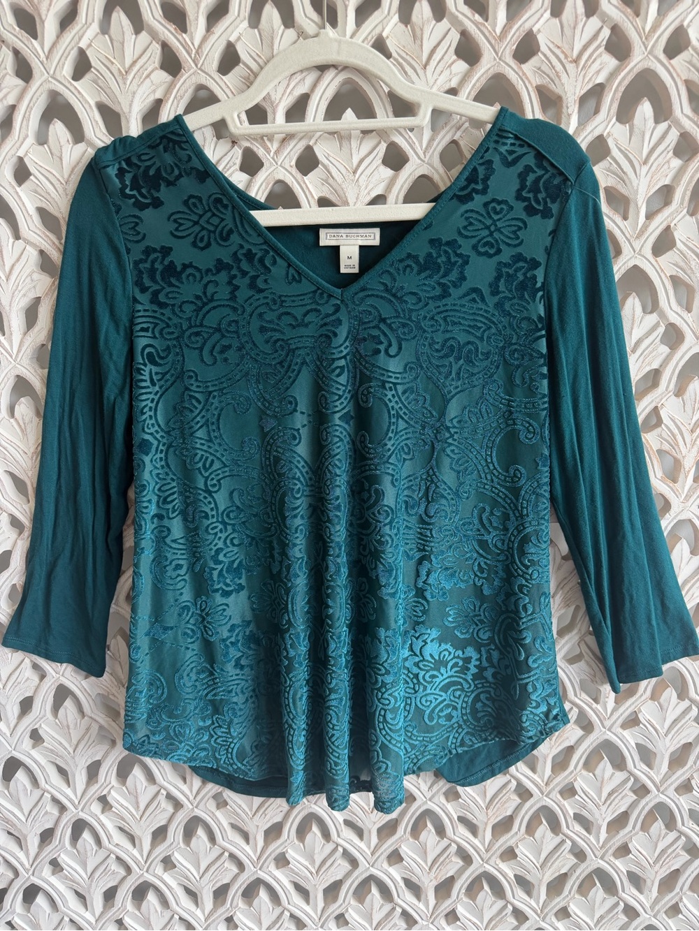 Dana Buchman Women’s M Teal Burnout Velvet 3/4 Sleeve Top